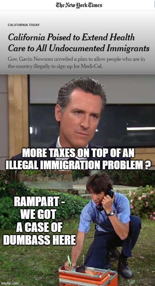 Your Tax Dollars At Work | MORE TAXES ON TOP OF AN ILLEGAL IMMIGRATION PROBLEM ? RAMPART -
WE GOT 
A CASE OF DUMBASS HERE | image tagged in leftists,liberals,democrats,newsom,california,illegal immigration | made w/ Imgflip meme maker