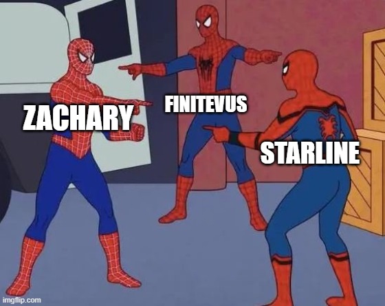3 Spiderman Pointing | FINITEVUS; ZACHARY; STARLINE | image tagged in 3 spiderman pointing | made w/ Imgflip meme maker