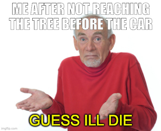 title | ME AFTER NOT REACHING THE TREE BEFORE THE CAR; GUESS ILL DIE | image tagged in guess i'll die | made w/ Imgflip meme maker