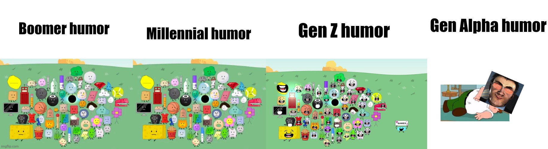 . | Gen Alpha humor; Gen Z humor; Millennial humor; Boomer humor | image tagged in damn bro you got the whole contestants laughing,bfb chattering,blank white template,memes,bfb | made w/ Imgflip meme maker