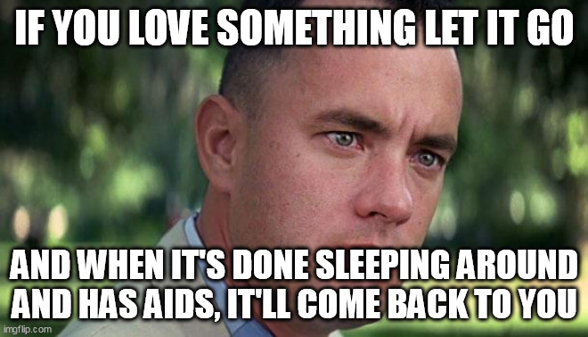 Forest Gump | IF YOU LOVE SOMETHING LET IT GO; AND WHEN IT'S DONE SLEEPING AROUND AND HAS AIDS, IT'LL COME BACK TO YOU | image tagged in forest gump | made w/ Imgflip meme maker