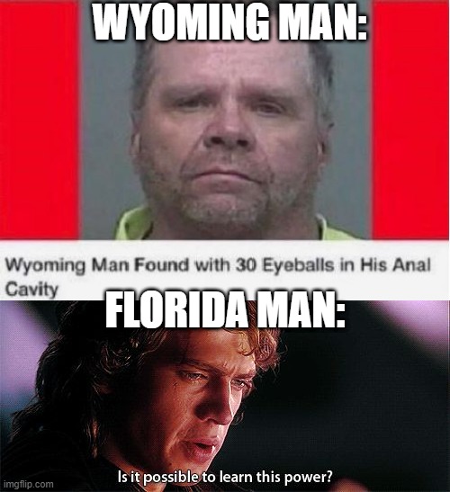 Florida Man | WYOMING MAN:; FLORIDA MAN: | image tagged in is it possible to learn this power | made w/ Imgflip meme maker