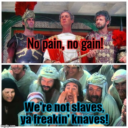 No pain. no gain. | No pain, no gain! We're not slaves, ya freakin' knaves! | image tagged in modern slavery,monty python,satire | made w/ Imgflip meme maker