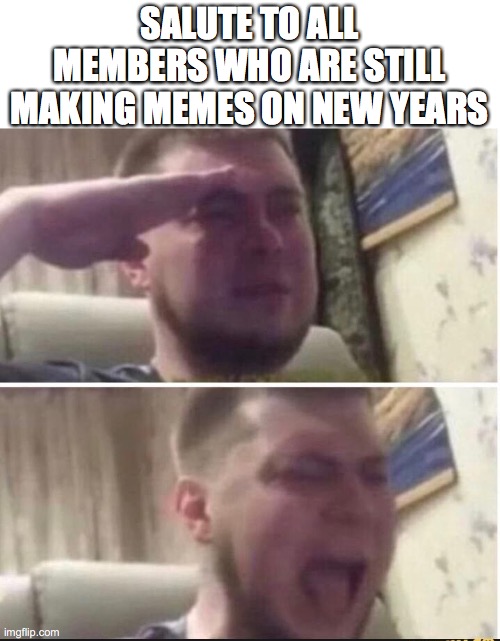 We salute you ALL | SALUTE TO ALL MEMBERS WHO ARE STILL MAKING MEMES ON NEW YEARS | image tagged in crying salute,salute | made w/ Imgflip meme maker