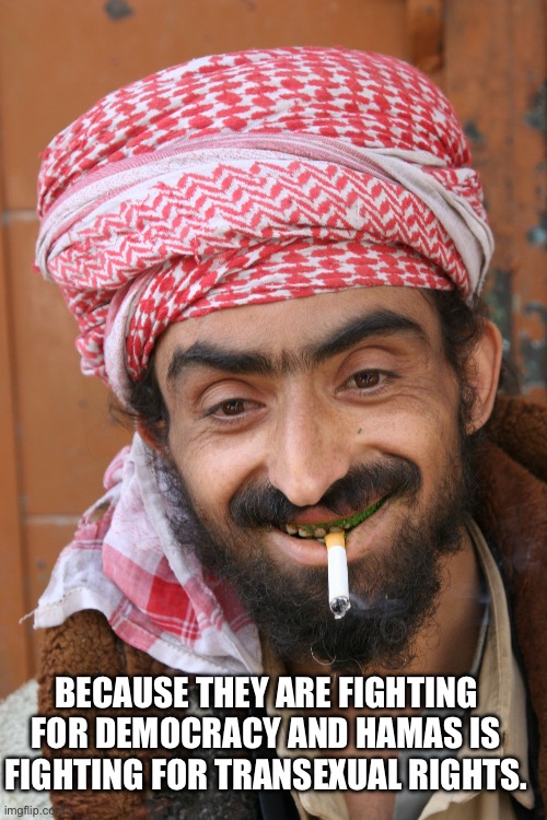 arab | BECAUSE THEY ARE FIGHTING FOR DEMOCRACY AND HAMAS IS FIGHTING FOR TRANSEXUAL RIGHTS. | image tagged in arab | made w/ Imgflip meme maker
