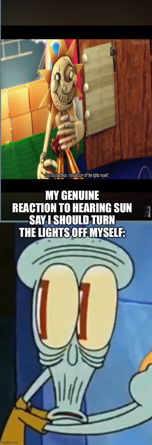 Shocked Squidward | MY GENUINE REACTION TO HEARING SUN SAY I SHOULD TURN THE LIGHTS OFF MYSELF: | image tagged in shocked squidward | made w/ Imgflip meme maker