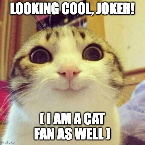 Smiling Cat Meme | LOOKING COOL, JOKER! ( I AM A CAT FAN AS WELL ) | image tagged in memes,smiling cat | made w/ Imgflip meme maker