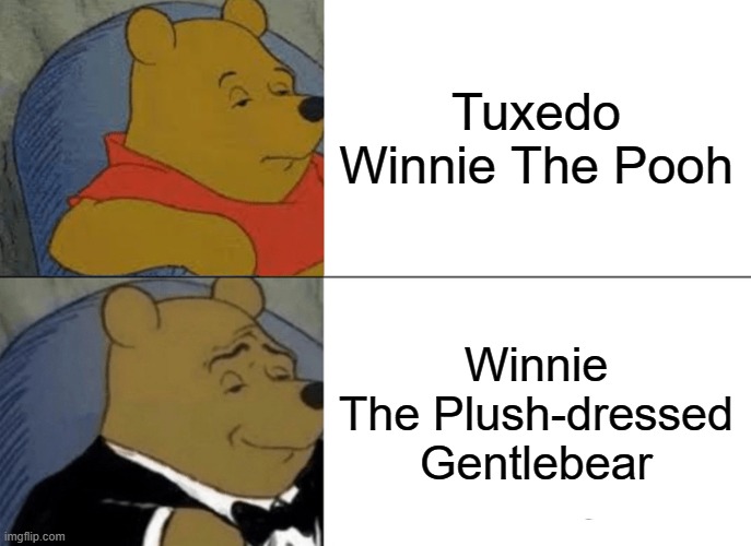 Tuxedo Winnie The Pooh Meme | Tuxedo Winnie The Pooh; Winnie The Plush-dressed Gentlebear | image tagged in memes,tuxedo winnie the pooh | made w/ Imgflip meme maker
