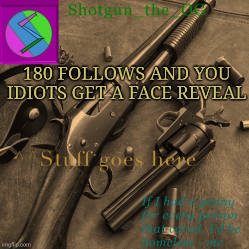 Imma regret thus | 180 FOLLOWS AND YOU IDIOTS GET A FACE REVEAL | image tagged in shotguns new template dammit | made w/ Imgflip meme maker
