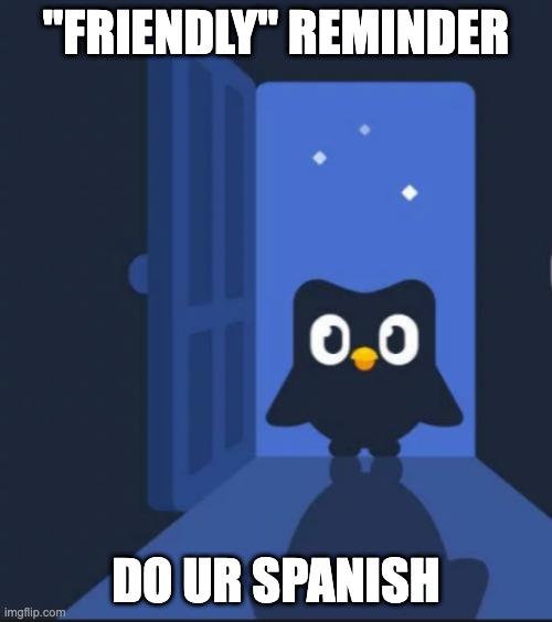 Duolingo bird | "FRIENDLY" REMINDER; DO UR SPANISH | image tagged in duolingo bird | made w/ Imgflip meme maker