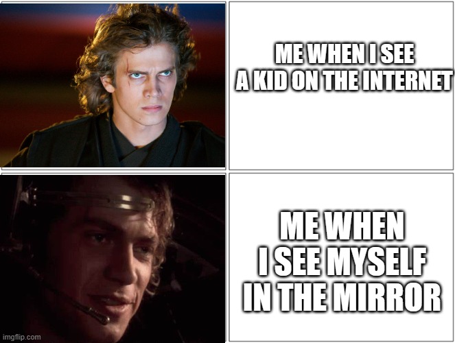 Anakin Drake Format | ME WHEN I SEE A KID ON THE INTERNET; ME WHEN I SEE MYSELF IN THE MIRROR | image tagged in anakin drake format | made w/ Imgflip meme maker