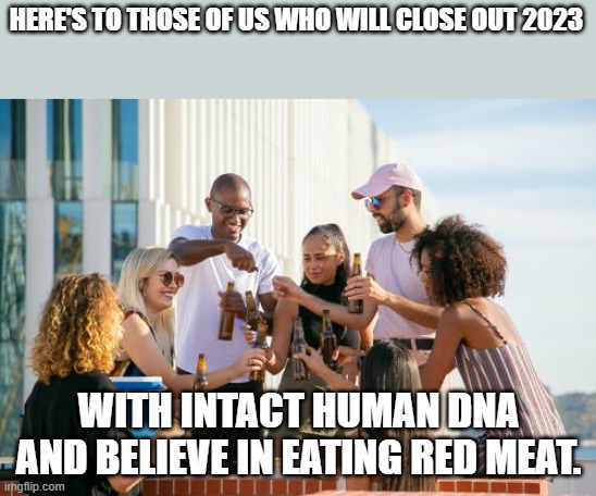 I salute you all! | HERE'S TO THOSE OF US WHO WILL CLOSE OUT 2023; WITH INTACT HUMAN DNA AND BELIEVE IN EATING RED MEAT. | image tagged in people celebrating,conservatives,dna,vaccine,meat | made w/ Imgflip meme maker