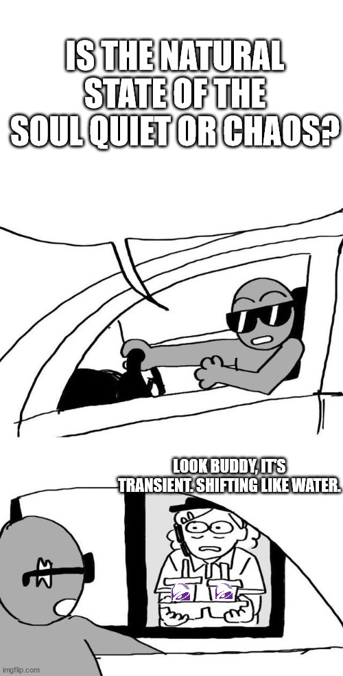 Tumblr Drive Through Meme | IS THE NATURAL STATE OF THE SOUL QUIET OR CHAOS? LOOK BUDDY, IT'S TRANSIENT. SHIFTING LIKE WATER. | image tagged in tumblr drive through meme | made w/ Imgflip meme maker