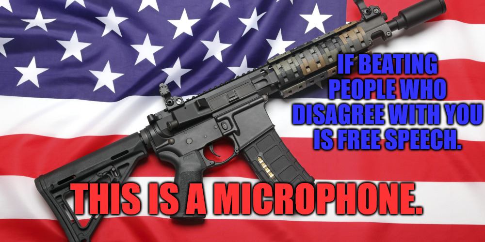 Ar Microphone | IF BEATING PEOPLE WHO DISAGREE WITH YOU IS FREE SPEECH. THIS IS A MICROPHONE. | image tagged in ar-15 and usa flag | made w/ Imgflip meme maker