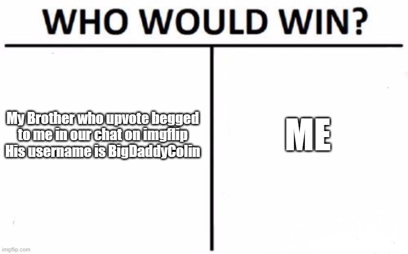 It's True Bro did it.He said Upvote all memes or else or something like that i cant remember. | ME; My Brother who upvote begged to me in our chat on imgflip
His username is BigDaddyColin | image tagged in memes,who would win,never upvote beg it aint good for you | made w/ Imgflip meme maker