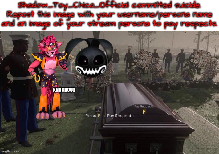 Press F to Pay Respects | Shadow_Toy_Chica_Official committed suicide. Repost this image with your username/persona name and an image of your stream persona to pay re | image tagged in press f to pay respects | made w/ Imgflip meme maker