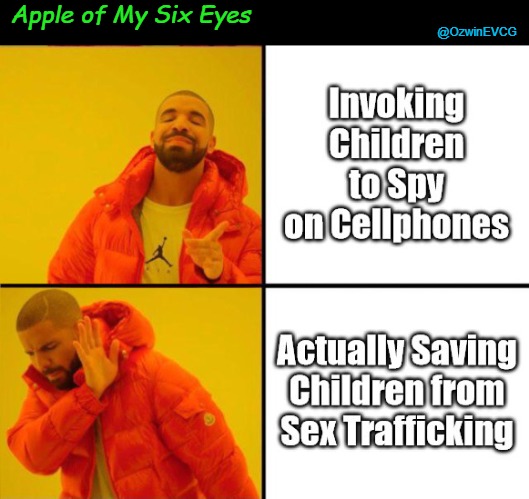 Apple of My Six Eyes | Apple of My Six Eyes; @OzwinEVCG | image tagged in the five eyes,drake yes no,the sixth eye,big tech,privacy,trafficking | made w/ Imgflip meme maker