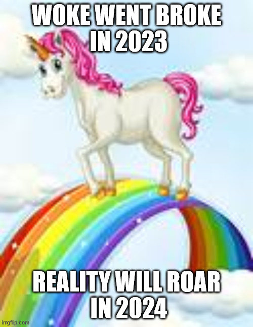 Sunshine, Lollipops, and Rainbows | WOKE WENT BROKE
 IN 2023; REALITY WILL ROAR
 IN 2024 | image tagged in 2024,reality,faith,faith in humanity | made w/ Imgflip meme maker