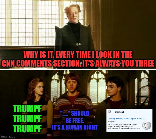 WHY IS IT, EVERY TIME I LOOK IN THE CNN COMMENTS SECTION, IT'S ALWAYS YOU THREE; TRUMPF TRUMPF TRUMPF; "....." SHOULD BE FREE, IT'S A HUMAN RIGHT | image tagged in funny memes | made w/ Imgflip meme maker