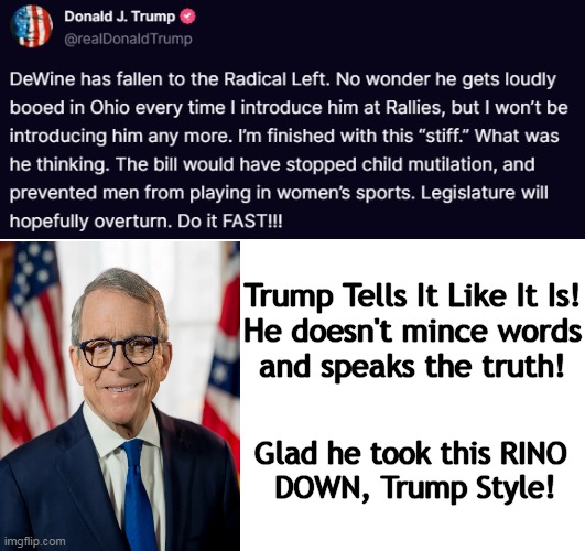 RINOs Deserve No Respect | Glad he took this RINO 
DOWN, Trump Style! Trump Tells It Like It Is!
He doesn't mince words
and speaks the truth! | image tagged in politics,donald trump,ohio,rino,boob,deserves to be booed | made w/ Imgflip meme maker