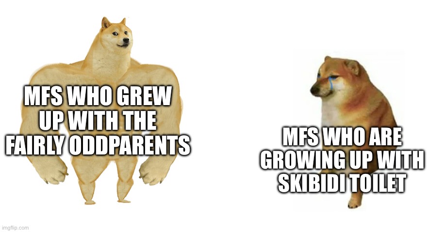 havent touched this stream in a while | MFS WHO GREW UP WITH THE FAIRLY ODDPARENTS; MFS WHO ARE GROWING UP WITH SKIBIDI TOILET | image tagged in buff doge vs crying cheems | made w/ Imgflip meme maker