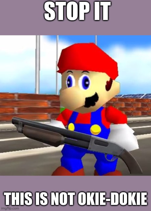 SMG4 Shotgun Mario | STOP IT THIS IS NOT OKIE-DOKIE | image tagged in smg4 shotgun mario | made w/ Imgflip meme maker