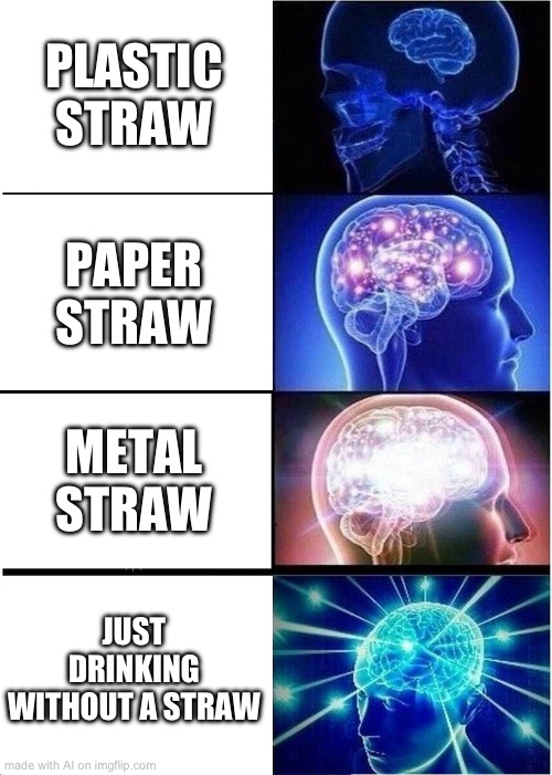 Expanding Brain Meme | PLASTIC STRAW; PAPER STRAW; METAL STRAW; JUST DRINKING WITHOUT A STRAW | image tagged in memes,expanding brain | made w/ Imgflip meme maker