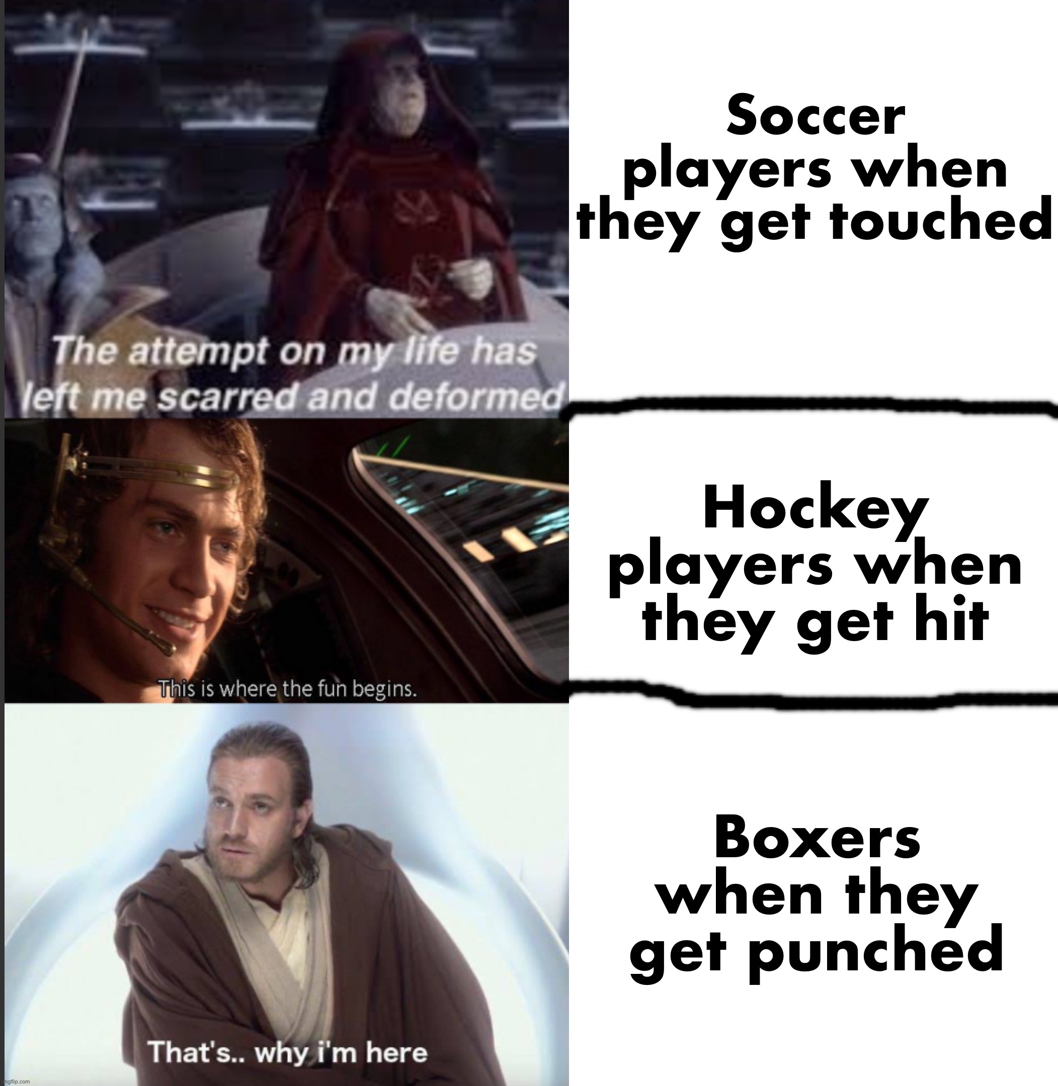 Soccer players when they get touched; Hockey players when they get hit; Boxers when they get punched | image tagged in blank white template | made w/ Imgflip meme maker
