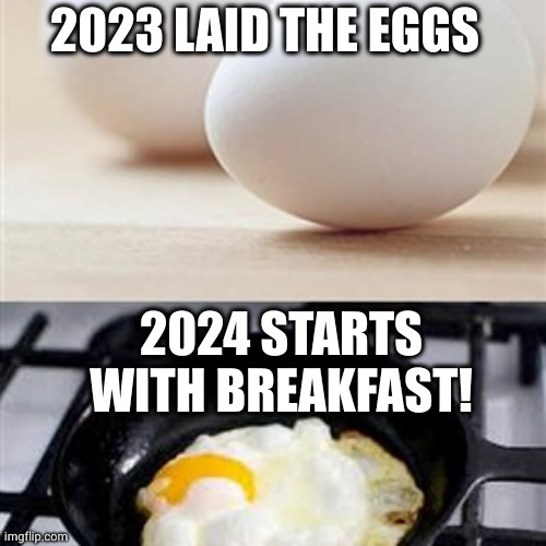 2023 eggs, 2024 breakfast | 2023 LAID THE EGGS; 2024 STARTS WITH BREAKFAST! | image tagged in brain brain on drugs egg,breakfast,2023,2024,memes,happy new year | made w/ Imgflip meme maker