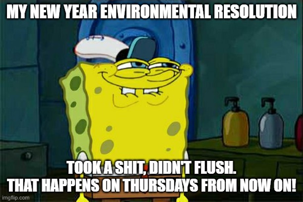 I'm contributing! | MY NEW YEAR ENVIRONMENTAL RESOLUTION; TOOK A SHIT, DIDN'T FLUSH. THAT HAPPENS ON THURSDAYS FROM NOW ON! | image tagged in memes,don't you squidward | made w/ Imgflip meme maker