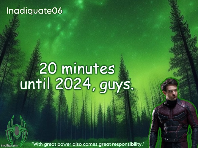 TwentyOneBanditos's Inadequate06 Announcement template | 20 minutes until 2024, guys. | image tagged in twentyonebanditos's inadequate06 announcement template | made w/ Imgflip meme maker