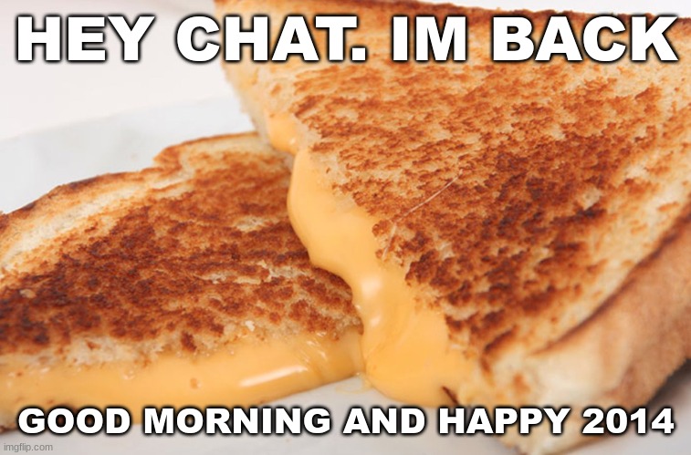 back from voluntary hiatus | HEY CHAT. IM BACK; GOOD MORNING AND HAPPY 2014 | image tagged in grilled cheese | made w/ Imgflip meme maker