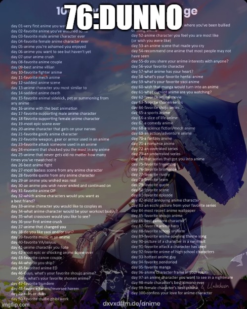 100 day anime challenge | 76:DUNNO | image tagged in 100 day anime challenge | made w/ Imgflip meme maker