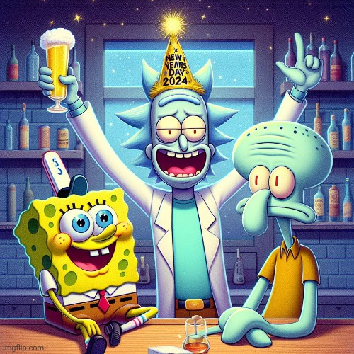 HAPPY NEW YEAR OR WHATEVER | image tagged in spongebob squarepants,squidward,rick and morty,happy new year,2024 | made w/ Imgflip meme maker