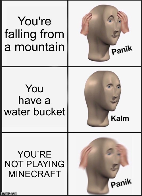 Meme #200! Also happy new year ? | You're falling from a mountain; You have a water bucket; YOU’RE NOT PLAYING MINECRAFT | image tagged in memes,panik kalm panik,minecraft,gaming | made w/ Imgflip meme maker