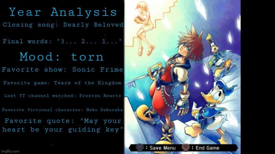 Year Analysis; Closing song: Dearly Beloved; Final words: "3... 2... 1..."; Mood: torn; Favorite show: Sonic Prime; Favorite game: Tears of the Kingdom; Last YT channel watched: Preston Reacts; Favorite fictional character: Neku Sakuraba; Favorite quote: "May your heart be your guiding key" | made w/ Imgflip meme maker