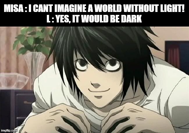 L From Deathnote | MISA : I CANT IMAGINE A WORLD WITHOUT LIGHT!
L : YES, IT WOULD BE DARK | image tagged in l from deathnote,savage,deathnote | made w/ Imgflip meme maker