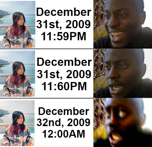 December 32nd, 2009 | December 31st, 2009
11:59PM; December 31st, 2009
11:60PM; December 32nd, 2009
12:00AM | image tagged in disappointed guy 3 panels | made w/ Imgflip meme maker