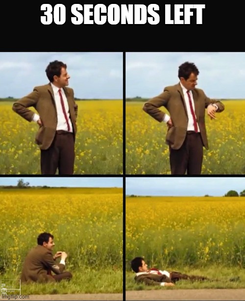 Mr bean waiting | 30 SECONDS LEFT | image tagged in mr bean waiting | made w/ Imgflip meme maker