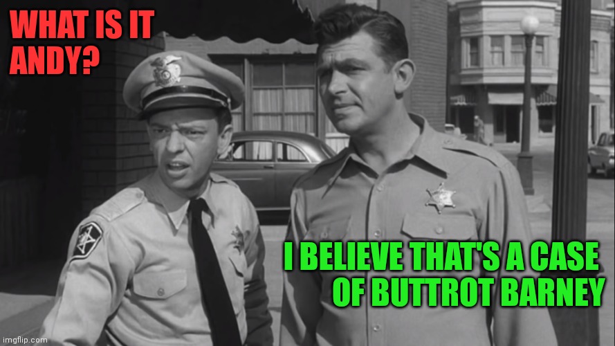 Buttrot Barney | WHAT IS IT 
ANDY? I BELIEVE THAT'S A CASE 
OF BUTTROT BARNEY | image tagged in andy and barney puzzled andy griffith,funny memes | made w/ Imgflip meme maker