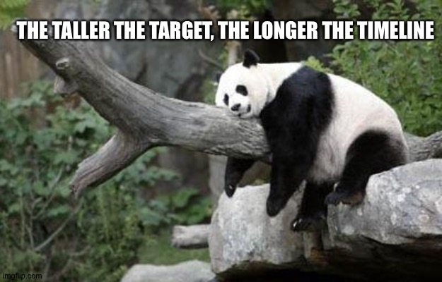 Engineering predictability | THE TALLER THE TARGET, THE LONGER THE TIMELINE | image tagged in lazy panda,timeline,purpose | made w/ Imgflip meme maker