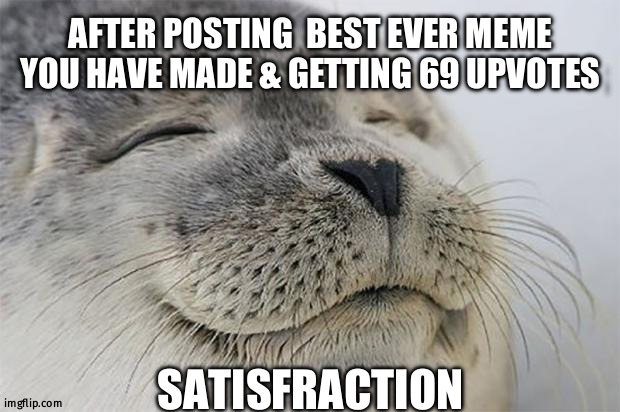 69 moment | AFTER POSTING  BEST EVER MEME YOU HAVE MADE & GETTING 69 UPVOTES; SATISFRACTION | image tagged in memes,satisfied seal | made w/ Imgflip meme maker