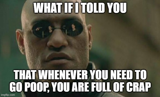 Matrix Morpheus | WHAT IF I TOLD YOU; THAT WHENEVER YOU NEED TO GO POOP, YOU ARE FULL OF CRAP | image tagged in memes,matrix morpheus | made w/ Imgflip meme maker