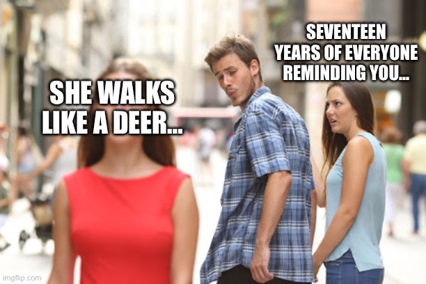 Guy checks out red dress girl | SEVENTEEN YEARS OF EVERYONE REMINDING YOU…; SHE WALKS LIKE A DEER… | image tagged in guy checks out red dress girl | made w/ Imgflip meme maker