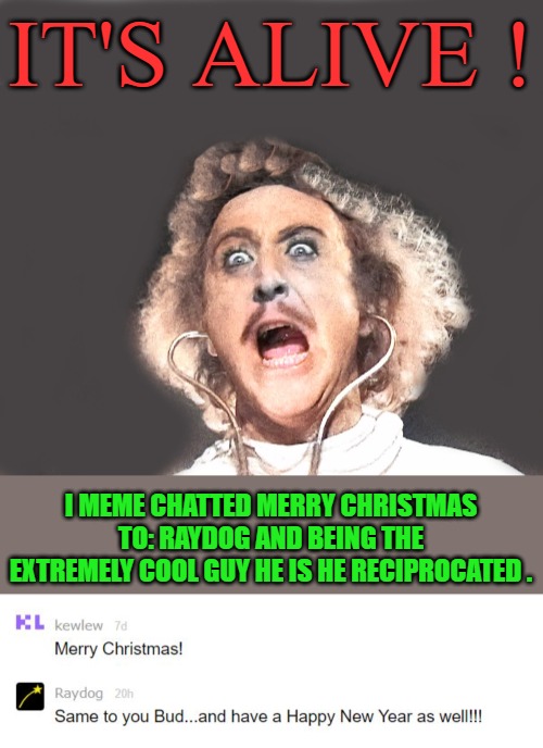 Cool guys never Die! | IT'S ALIVE ! I MEME CHATTED MERRY CHRISTMAS TO: RAYDOG AND BEING THE EXTREMELY COOL GUY HE IS HE RECIPROCATED . | image tagged in raydog,merry christmas,kewlew | made w/ Imgflip meme maker