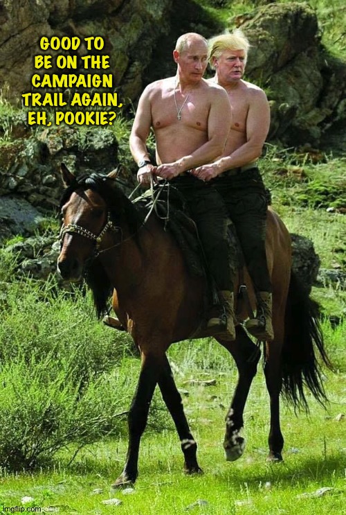 Back on the trail | GOOD TO BE ON THE CAMPAIGN TRAIL AGAIN, EH, POOKIE? | image tagged in trump putin | made w/ Imgflip meme maker