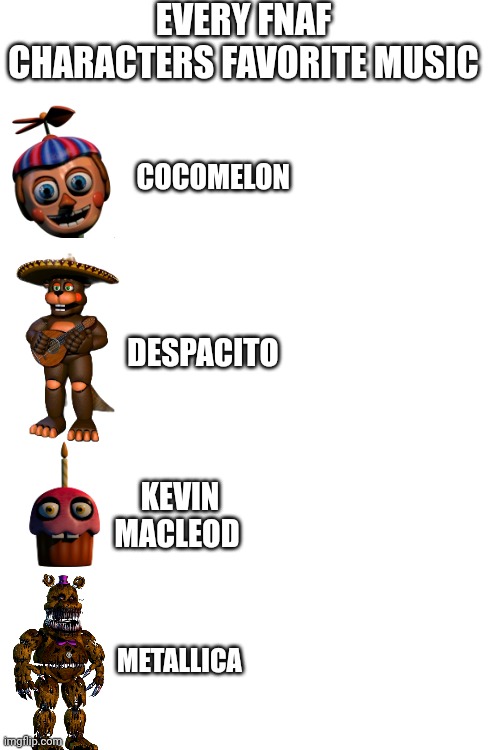 This is what the songs I imagine that they listen to | EVERY FNAF CHARACTERS FAVORITE MUSIC; COCOMELON; DESPACITO; KEVIN MACLEOD; METALLICA | image tagged in fnaf,memes | made w/ Imgflip meme maker