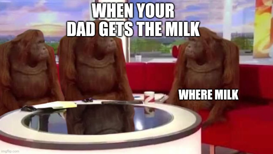 where monkey | WHEN YOUR DAD GETS THE MILK; WHERE MILK | image tagged in where monkey,memes | made w/ Imgflip meme maker