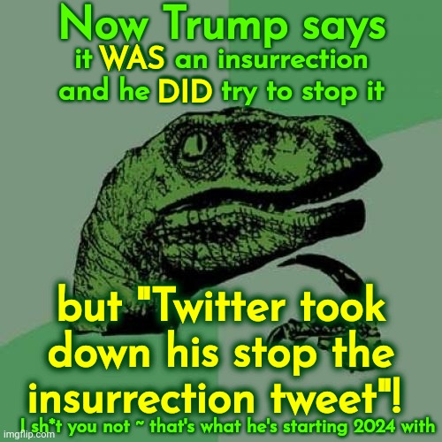 What's Next?  The Democrats Ate My Stolen Top Secret Homework | Now Trump says; it WAS an insurrection and he DID try to stop it; WAS; DID; but "Twitter took down his stop the insurrection tweet"! I sh*t you not ~ that's what he's starting 2024 with | image tagged in memes,philosoraptor,trump lies,trump is a liar,trump is a traitor,lock him up | made w/ Imgflip meme maker