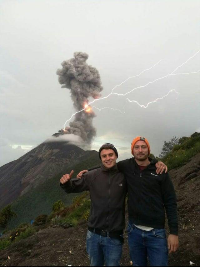 Friends in front of Volcano Blank Meme Template